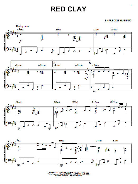 Learn to play Freddie Hubbard Red Clay (arr. Brent Edstrom) sheet music for Piano Solo in minutes. Freddie Hubbard Red Clay (arr. Brent Edstrom) sheet music notes and chords. Download Printable PDF.