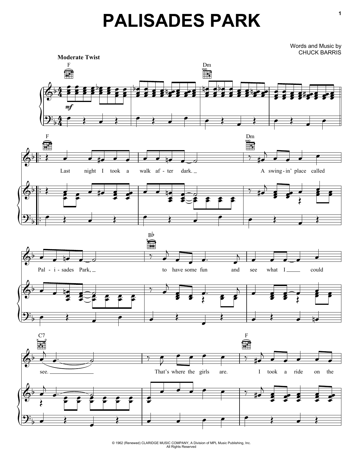 Freddy Cannon Palisades Park sheet music notes and chords. Download Printable PDF.