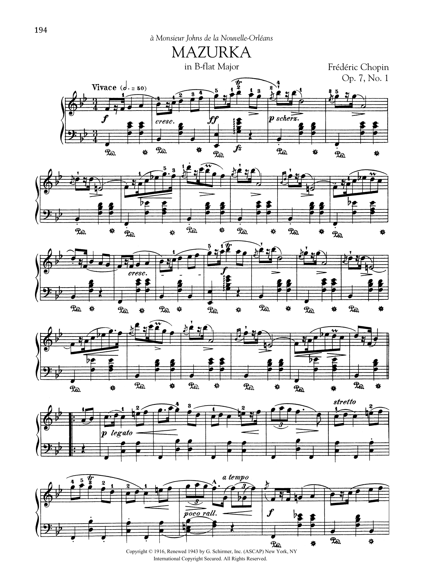 Frederic Chopin Mazurka in B-flat Major, Op. 7, No. 1 sheet music notes and chords. Download Printable PDF.