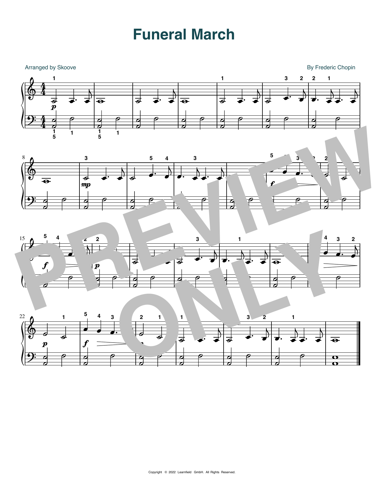Learn to play Frederic Chopin Funeral March (arr. Skoove) sheet music for Beginner Piano (Abridged) in minutes. Price: 5.9900$ Frederic Chopin Funeral March (arr. Skoove) sheet music notes and chords arranged for Beginner Piano (Abridged)