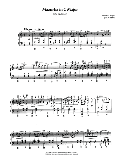 Learn to play Frederic Chopin Mazurka In C Major, Op.67 No.3 sheet music for Piano Solo in minutes. Frederic Chopin Mazurka In C Major, Op.67 No.3 sheet music notes and chords. Download Printable PDF.