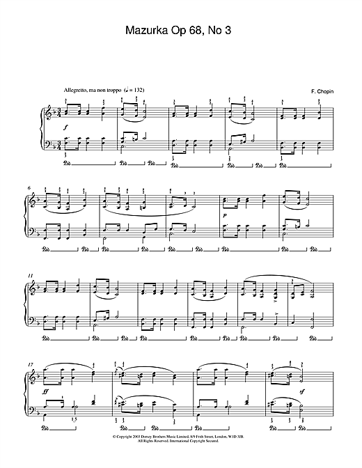 Learn to play Frederic Chopin Mazurka Op.68, No.3 sheet music for Piano Solo in minutes. Frederic Chopin Mazurka Op.68, No.3 sheet music notes and chords. Download Printable PDF.