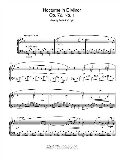 Learn to play Frederic Chopin Nocturne in E Minor Op.72, No.1 sheet music for Piano Solo in minutes. Frederic Chopin Nocturne in E Minor Op.72, No.1 sheet music notes and chords