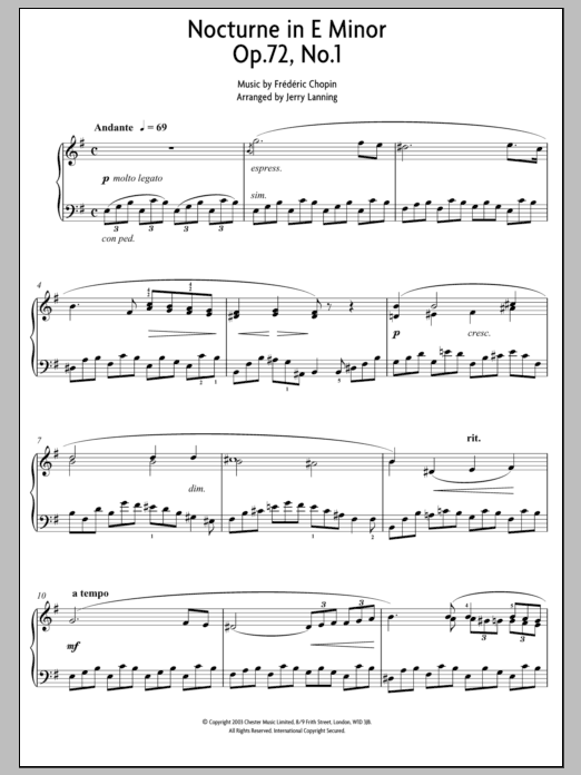 Frederic Chopin Nocturne in E Minor Op.72, No.1 sheet music notes and chords. Download Printable PDF.