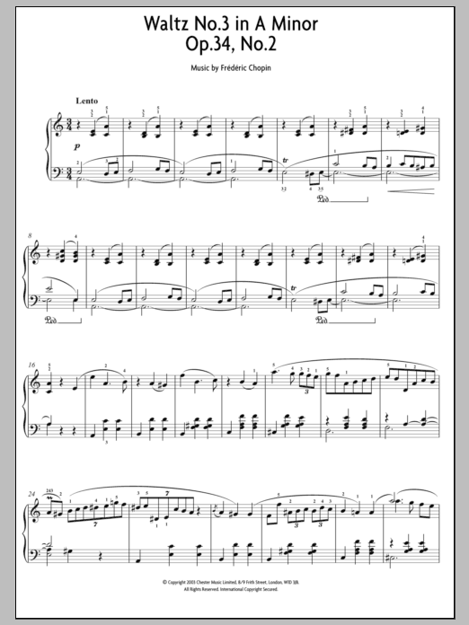 Frederic Chopin Waltz No.3 In A Minor, Op.34, No.2 sheet music notes and chords. Download Printable PDF.