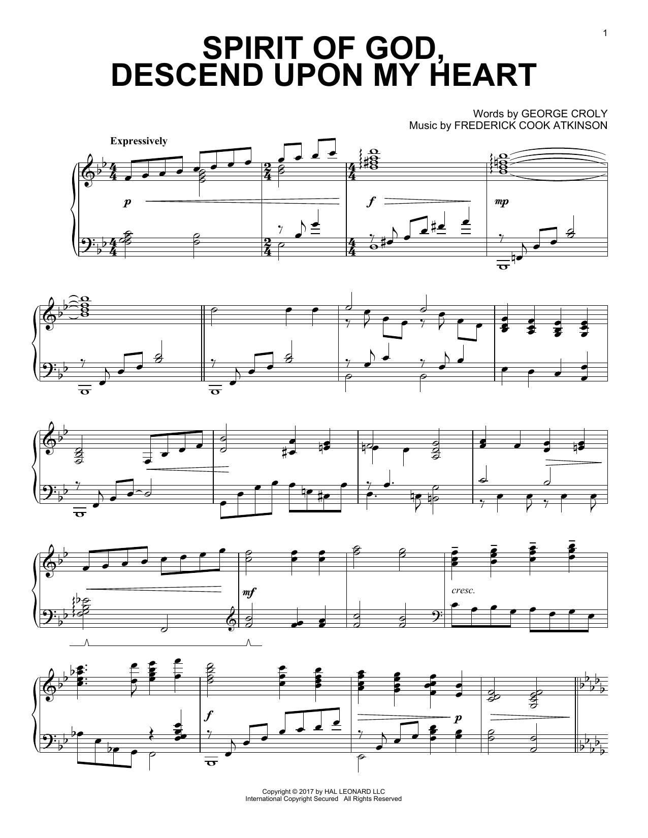 Learn to play Frederick Cook Atkinson Spirit Of God, Descend Upon My Heart sheet music for Piano Solo in minutes. Price: 6.9900$ Frederick Cook Atkinson Spirit Of God, Descend Upon My Heart sheet music notes and chords arranged for Piano Solo