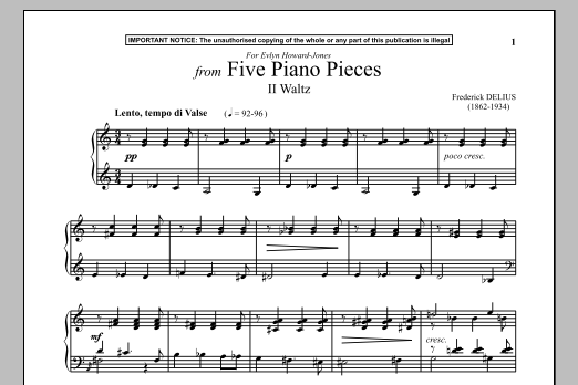 Learn to play Frederick Delius Five Piano Pieces, II. Waltz sheet music for Piano Solo in minutes. Frederick Delius Five Piano Pieces, II. Waltz sheet music notes and chords. Download Printable PDF.