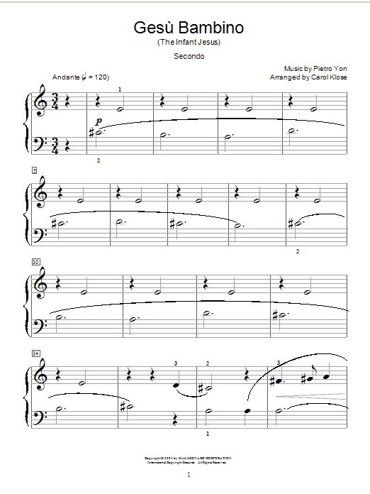 Learn to play Pietro Yon Gesu Bambino (The Infant Jesus) sheet music for Piano Duet in minutes. Pietro Yon Gesu Bambino (The Infant Jesus) sheet music notes and chords. Download Printable PDF.