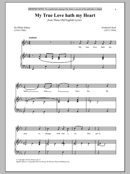 Frederick Keel My True Love Hath My Heart (from Three Old English Lyrics) sheet music notes and chords arranged for Piano & Vocal