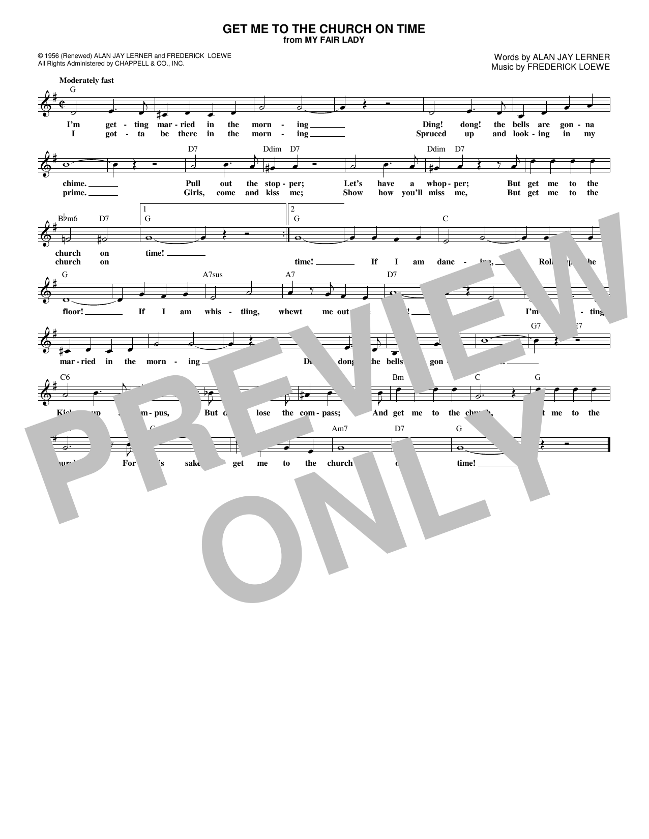Learn to play Frederick Loewe Get Me To The Church On Time sheet music for Pro Vocal in minutes. Price: 6.9900$ Frederick Loewe Get Me To The Church On Time sheet music notes and chords arranged for Pro Vocal