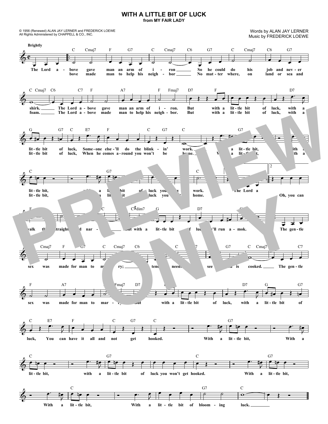 Learn to play Frederick Loewe With A Little Bit Of Luck sheet music for Lead Sheet / Fake Book in minutes. Price: 5.9900$ Frederick Loewe With A Little Bit Of Luck sheet music notes and chords arranged for Lead Sheet / Fake Book