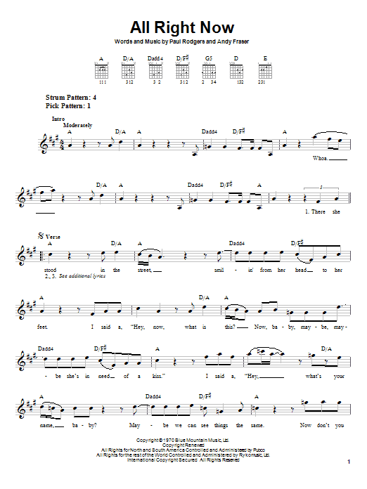 Free All Right Now sheet music notes and chords. Download Printable PDF.