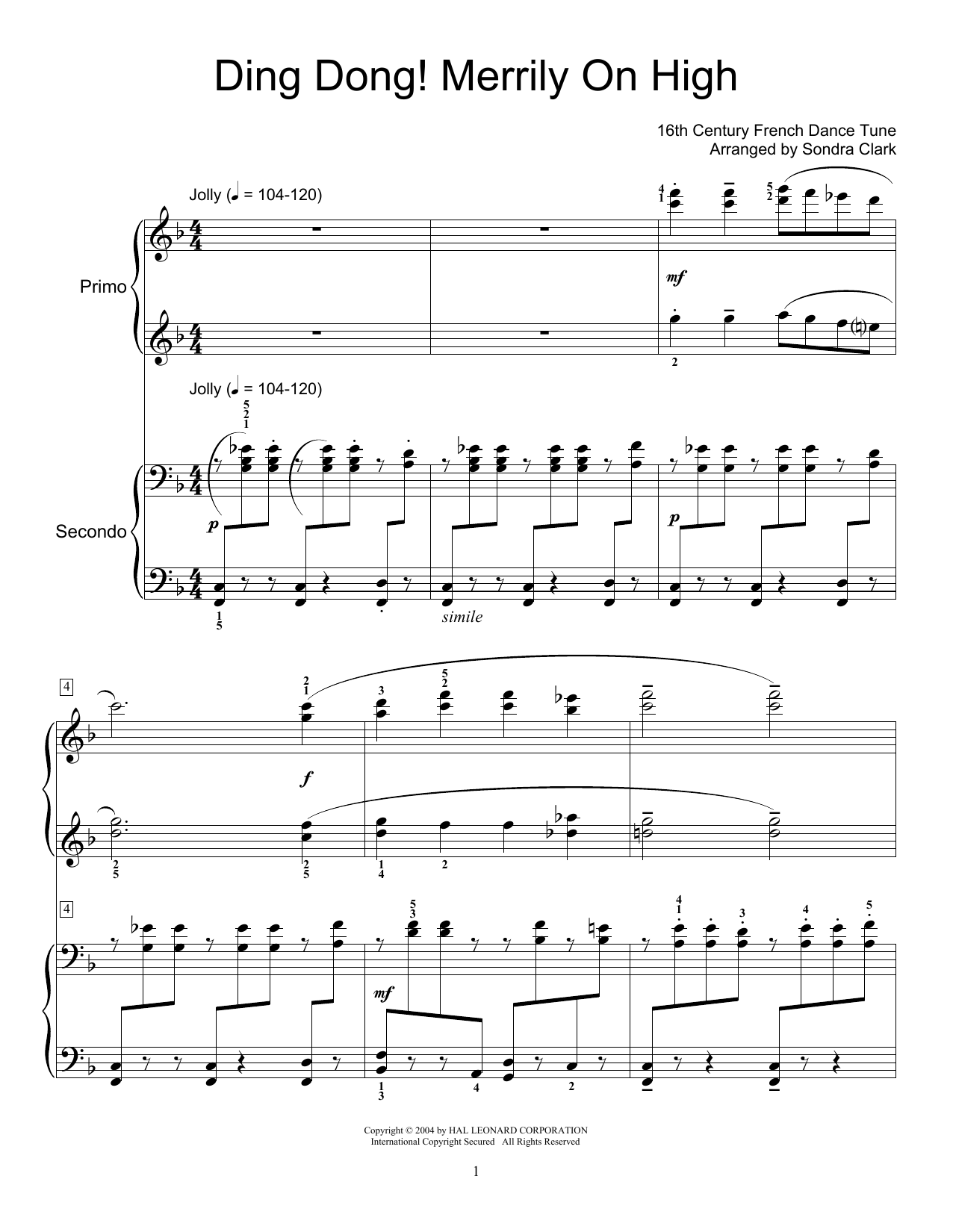 Christmas Carol Ding Dong! Merrily On High sheet music notes and chords. Download Printable PDF.