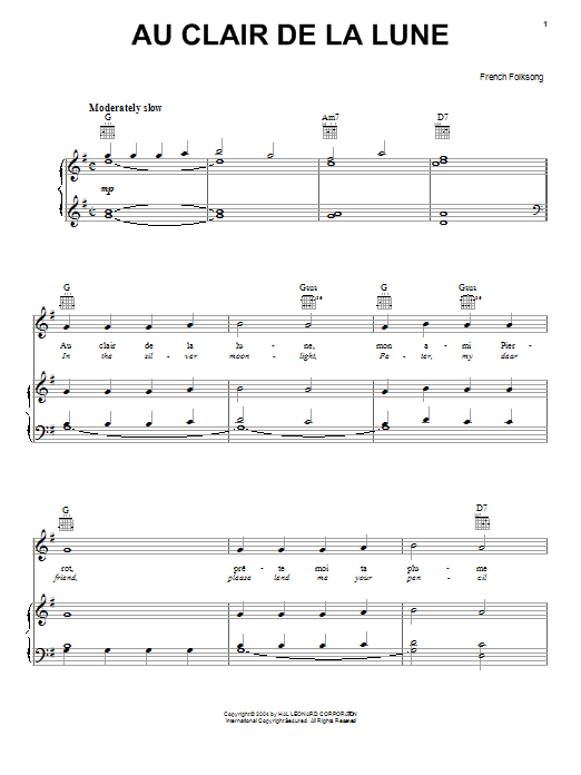 French Folksong Au Clair De La Lune Sheet Music Pdf Notes Chords Folk Score Guitar Chords Lyrics Download Printable Sku