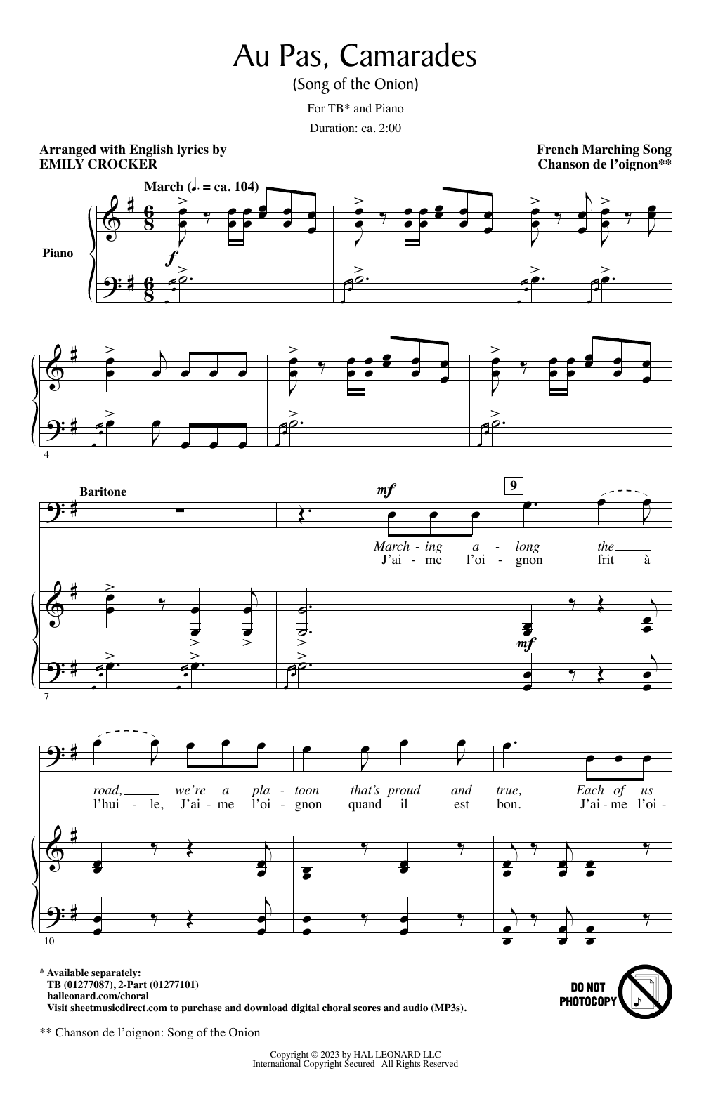 Learn to play French Marching Song Au Pas, Camarades (Song Of The Onion) (arr. Emily Crocker) sheet music for TB Choir in minutes. Price: 3.9900$ French Marching Song Au Pas, Camarades (Song Of The Onion) (arr. Emily Crocker) sheet music notes and chords arranged for TB Choir