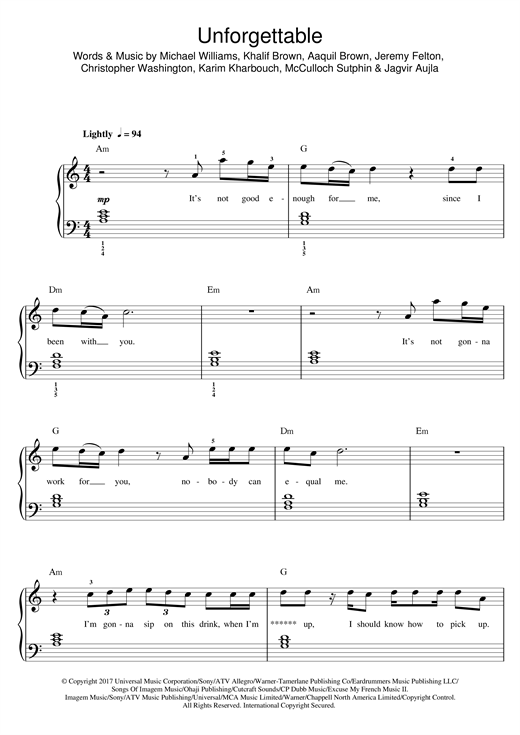 French Montana Unforgettable (feat. Swae Lee) sheet music notes and chords. Download Printable PDF.
