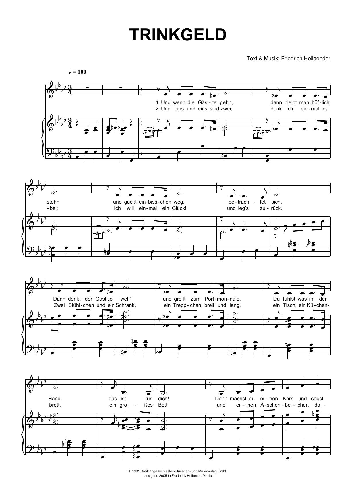 Friedrich Hollaender Trinkgeld sheet music notes and chords. Download Printable PDF.