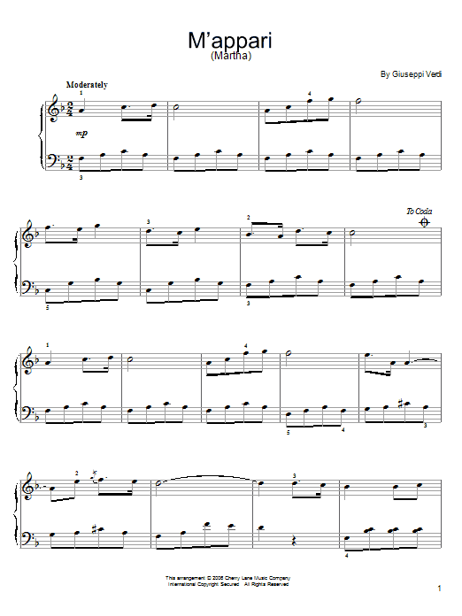 Learn to play Friedrich von Flotow M'appari tutt'amor sheet music for Easy Piano in minutes. Price: 6.9900$ Friedrich von Flotow M'appari tutt'amor sheet music notes and chords arranged for Easy Piano