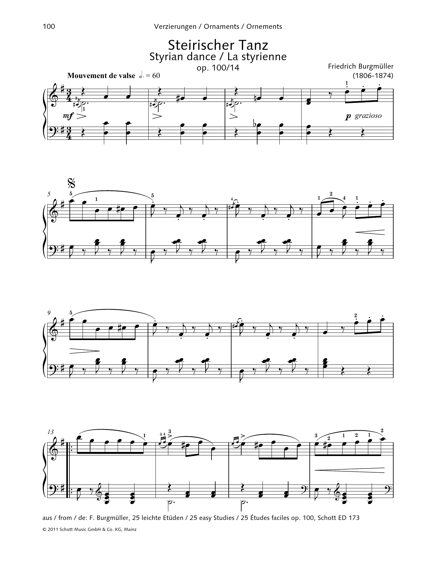 Learn to play Friedrich Burgmuller Styrian Dance Op. 100 No. 14 sheet music for Piano Solo in minutes. Price: 6.9900$ Friedrich Burgmuller Styrian Dance Op. 100 No. 14 sheet music notes and chords arranged for Piano Solo