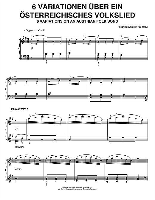 Learn to play Friedrich Kuhlau Six Variations On An Austrian Folk Song sheet music for Piano Solo in minutes. Friedrich Kuhlau Six Variations On An Austrian Folk Song sheet music notes and chords