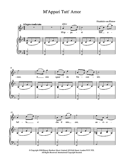 Learn to play Friedrich von Flotow M'Appari Tutt' Amor sheet music for Piano & Vocal in minutes. Friedrich von Flotow M'Appari Tutt' Amor sheet music notes and chords