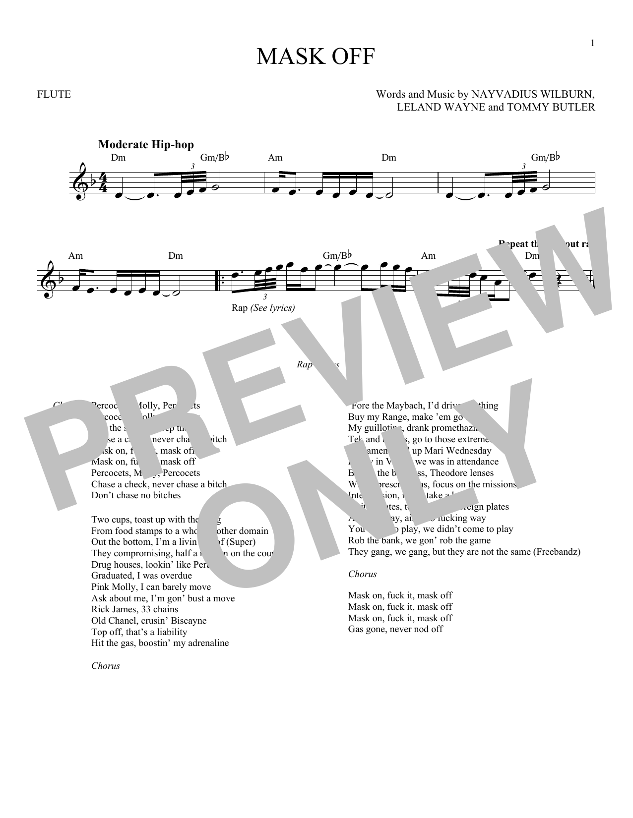 Future "Mask Off" Sheet PDF Chords Pop Score Flute Solo Download Printable. SKU: 183834