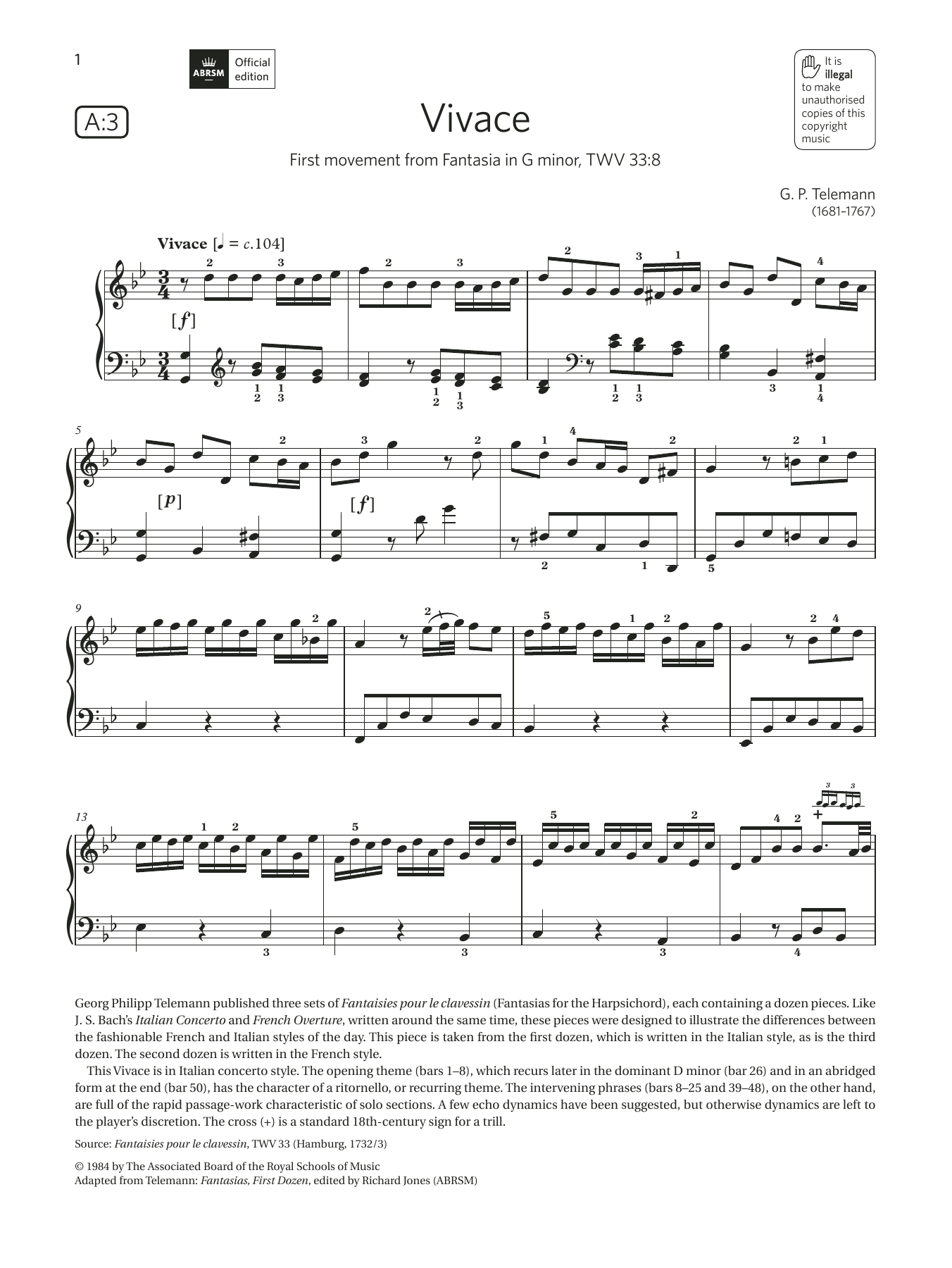 Learn to play G. P. Telemann Vivace (Grade 7, list A3, from the ABRSM Piano Syllabus 2021 & 2022) sheet music for Piano Solo in minutes. Price: 6.9900$ G. P. Telemann Vivace (Grade 7, list A3, from the ABRSM Piano Syllabus 2021 & 2022) sheet music notes and chords arranged for Piano Solo