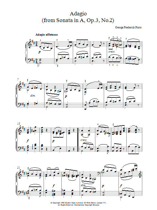 Learn to play George Frederick Pinto Adagio Op.3 No.2 sheet music for Piano Solo in minutes. George Frederick Pinto Adagio Op.3 No.2 sheet music notes and chords. Download Printable PDF.