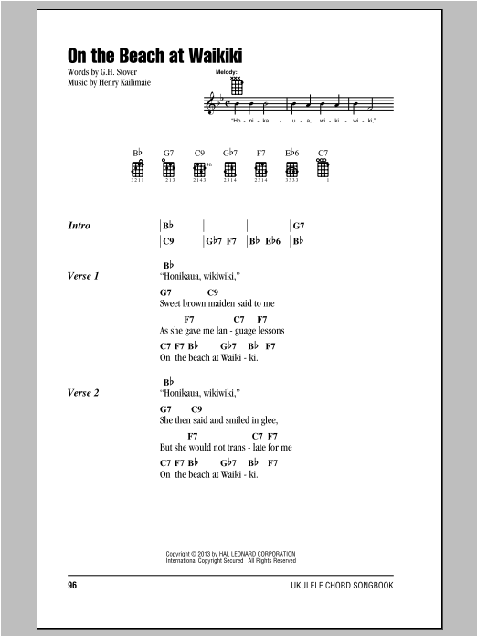 Henry Kailimaie On The Beach At Waikiki sheet music notes and chords arranged for Piano, Vocal & Guitar Chords (Right-Hand Melody)