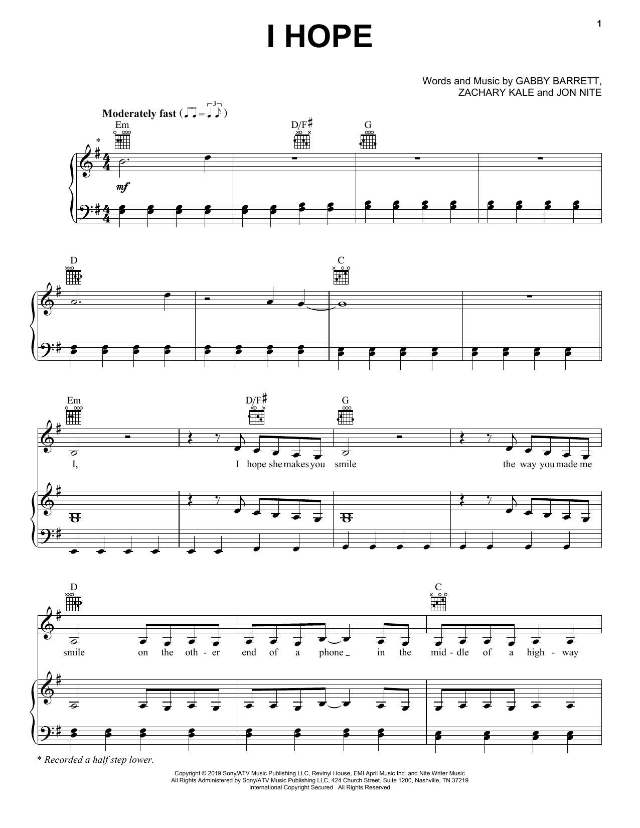 Gabby Barrett I Hope sheet music notes and chords. Download Printable PDF.