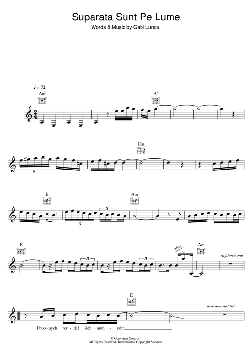 Learn to play Gabi Lunca Suparata Sunt Pe Lume sheet music for Lead Sheet / Fake Book in minutes. Price: 5.9900$ Gabi Lunca Suparata Sunt Pe Lume sheet music notes and chords arranged for Lead Sheet / Fake Book