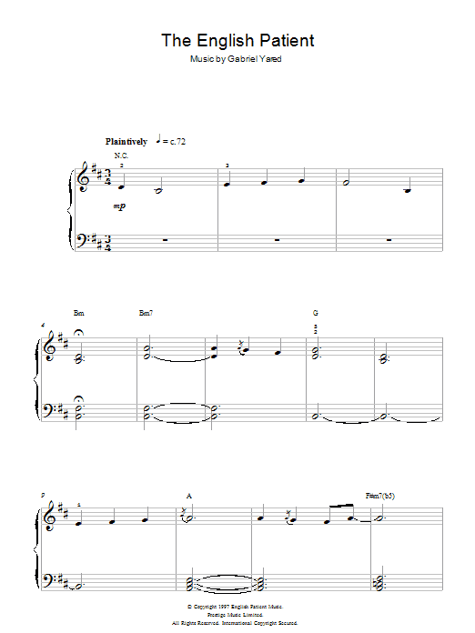 Learn to play Gabriel Yared The English Patient sheet music for Easy Piano in minutes. Price: 6.9900$ Gabriel Yared The English Patient sheet music notes and chords arranged for Easy Piano
