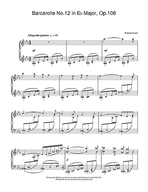 Learn to play Gabriel Fauré Barcarolle No.12 in E Flat Major, Op.106 sheet music for Piano Solo in minutes. Gabriel Fauré Barcarolle No.12 in E Flat Major, Op.106 sheet music notes and chords. Download Printable PDF.