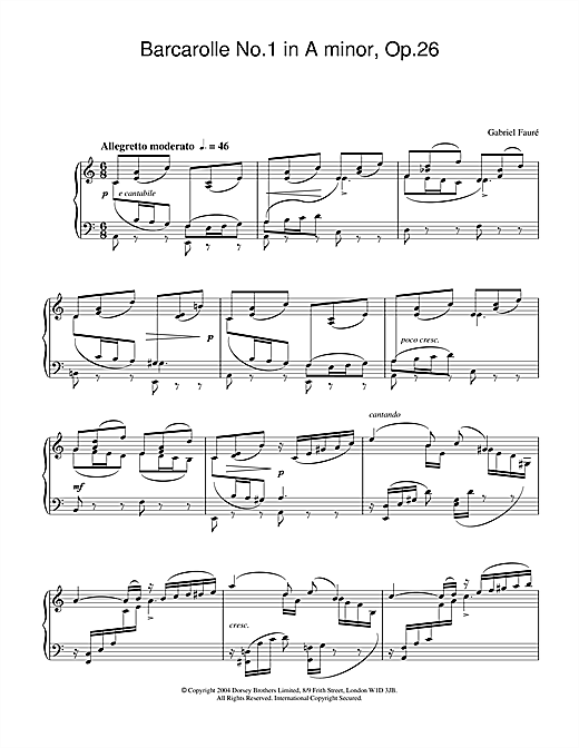 Learn to play Gabriel Fauré Barcarolle No.1 in A minor, Op.26 sheet music for Piano Solo in minutes. Gabriel Fauré Barcarolle No.1 in A minor, Op.26 sheet music notes and chords