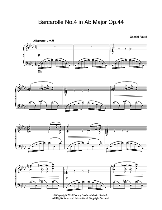 Learn to play Gabriel Fauré Barcarolle No.4 In A Flat Major Op.44 sheet music for Piano Solo in minutes. Gabriel Fauré Barcarolle No.4 In A Flat Major Op.44 sheet music notes and chords. Download Printable PDF.