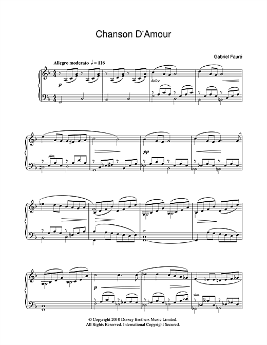 Learn to play Gabriel Fauré Chanson D'Amour sheet music for Piano Solo in minutes. Gabriel Fauré Chanson D'Amour sheet music notes and chords. Download Printable PDF.