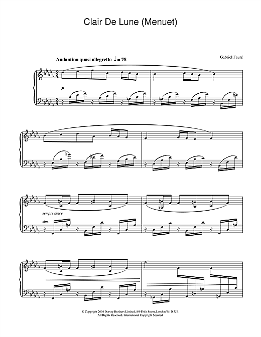 Learn to play Gabriel Fauré Clair De Lune (Menuet) sheet music for Piano Solo in minutes. Gabriel Fauré Clair De Lune (Menuet) sheet music notes and chords. Download Printable PDF.