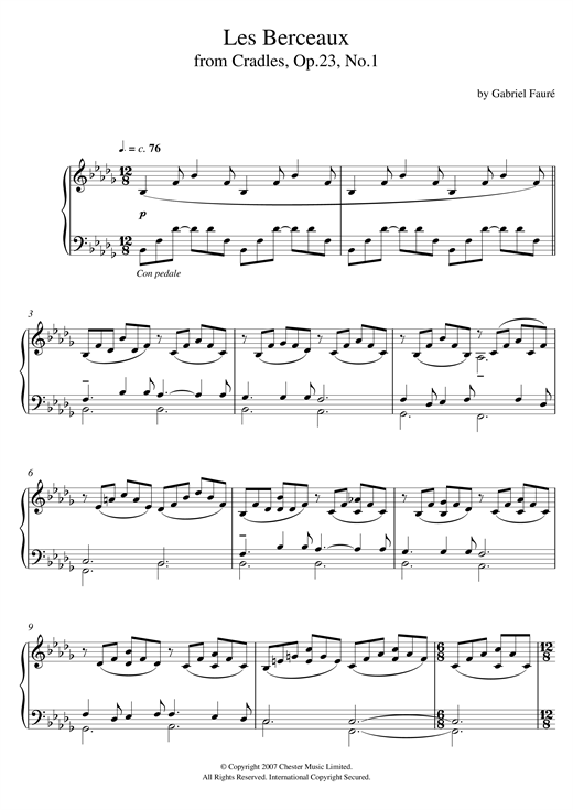Learn to play Gabriel Fauré Les Berceaux (from Cradles, Op.23, No.1) sheet music for Piano Solo in minutes. Price: 7.8900$ Gabriel Fauré Les Berceaux (from Cradles, Op.23, No.1) sheet music notes and chords. Download Printable PDF.