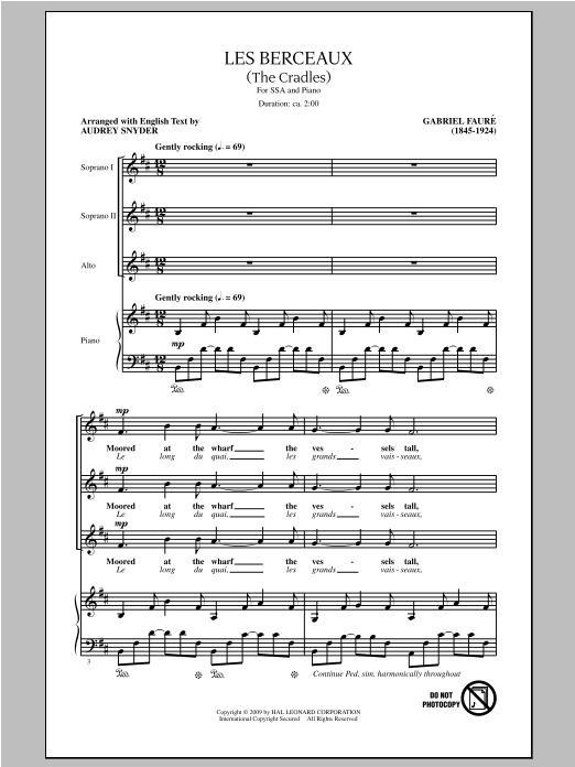 Learn to play Gabriel Fauré Les Berceaux (The Cradles) (arr. Audrey Snyder) sheet music for SSA Choir in minutes. Gabriel Fauré Les Berceaux (The Cradles) (arr. Audrey Snyder) sheet music notes and chords. Download Printable PDF.