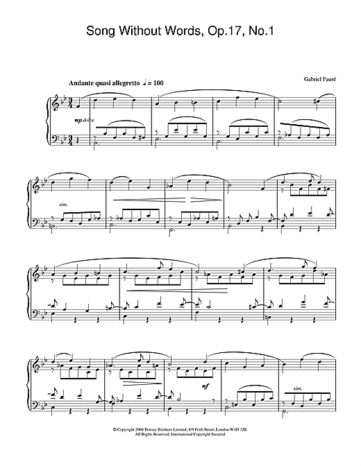 Learn to play Gabriel Fauré Song Without Words, Op.17, No.1 sheet music for Piano Solo in minutes. Gabriel Fauré Song Without Words, Op.17, No.1 sheet music notes and chords. Download Printable PDF.