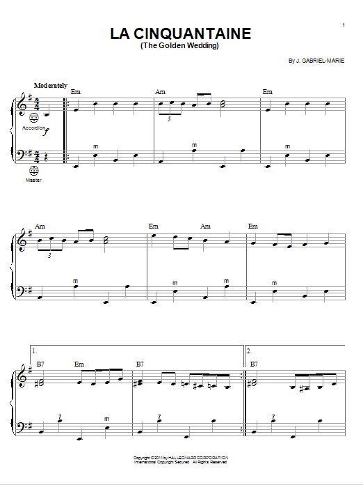 Learn to play Gabriel Marie La Cinquantine (The Golden Wedding) sheet music for Accordion in minutes. Price: 7.8900$ Gabriel Marie La Cinquantine (The Golden Wedding) sheet music notes and chords arranged for Accordion