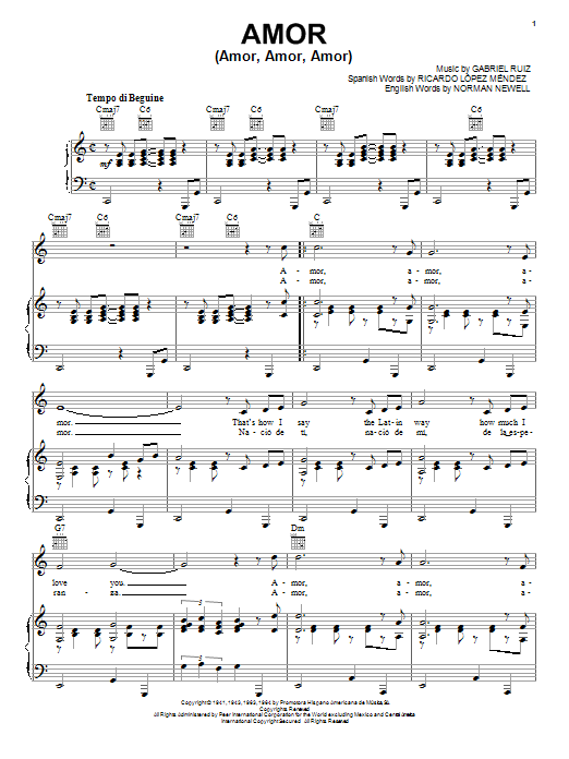 Preview Gabriel Ruiz Amor (Amor, Amor, Amor) Pop sheet music, notes and chords for Piano, Vocal & Guitar (Right-Hand Melody), SKU: 25686 sheet music, piano notes, chords, guitar tabs, score, transpose, transcribe, how to play, guide, download, learn, tutorial, progression, song, artist, awards, billboard, mtv, vh1, tour, single, album, release