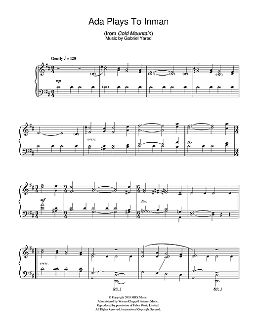 Learn to play Gabriel Yared Ada Plays To Inman (from Cold Mountain) sheet music for Piano Solo in minutes. Gabriel Yared Ada Plays To Inman (from Cold Mountain) sheet music notes and chords. Download Printable PDF.