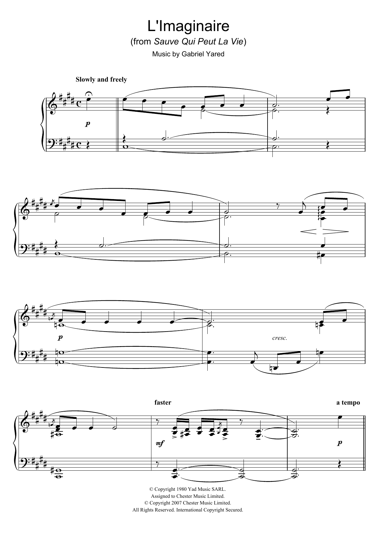 Gabriel Yared L'Imaginaire (from Sauve Qui Peut La Vie) sheet music notes and chords. Download Printable PDF.