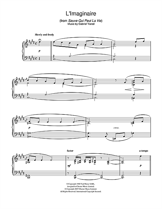 Learn to play Gabriel Yared L'Imaginaire (from Sauve Qui Peut La Vie) sheet music for Piano Solo in minutes. Gabriel Yared L'Imaginaire (from Sauve Qui Peut La Vie) sheet music notes and chords. Download Printable PDF.