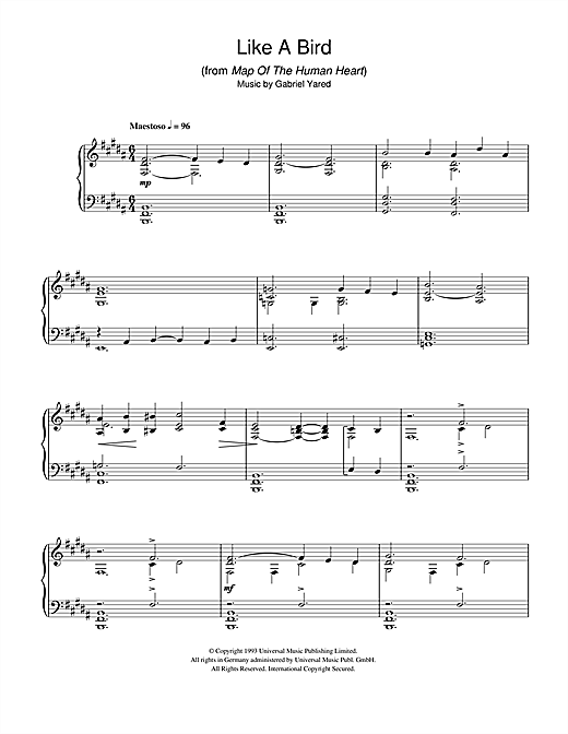 Learn to play Gabriel Yared Like A Bird (from Map Of The Human Heart) sheet music for Piano Solo in minutes. Gabriel Yared Like A Bird (from Map Of The Human Heart) sheet music notes and chords. Download Printable PDF.