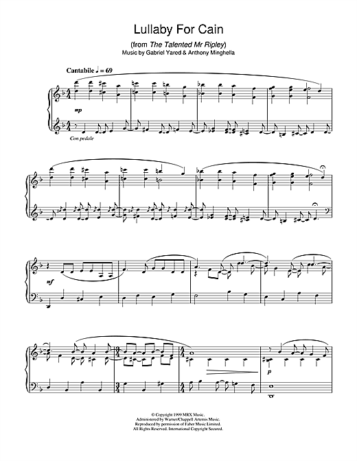 Learn to play Gabriel Yared Lullaby For Cain (from The Talented Mr Ripley) sheet music for Piano Solo in minutes. Gabriel Yared Lullaby For Cain (from The Talented Mr Ripley) sheet music notes and chords