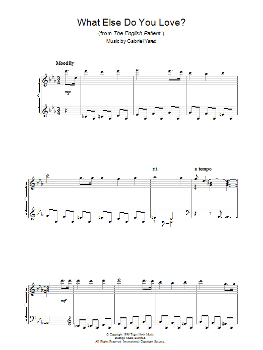 Learn to play Gabriel Yared What Else Do You Love? (from The English Patient) sheet music for Piano Solo in minutes. Gabriel Yared What Else Do You Love? (from The English Patient) sheet music notes and chords. Download Printable PDF.