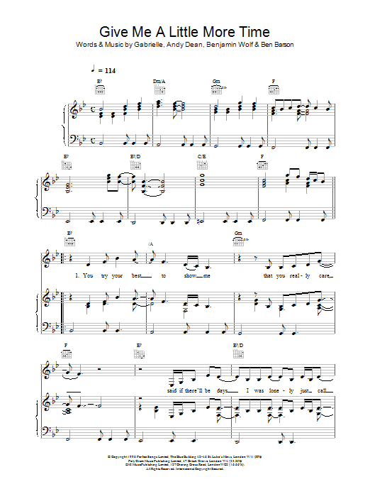 Gabrielle Give Me A Little More Time sheet music for Piano, Vocal & Guitar (Right-Hand Melody) in minutes. Price: 7.8900$ Gabrielle Give Me A Little More Time sheet music notes and chords. Download Printable PDF.