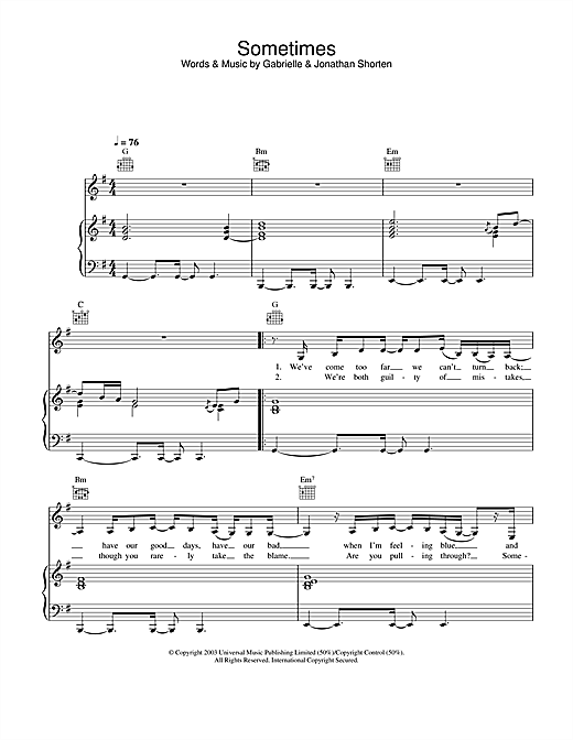 Learn to play Gabrielle Sometimes sheet music for Piano, Vocal & Guitar in minutes. Gabrielle Sometimes sheet music notes and chords. Download Printable PDF.